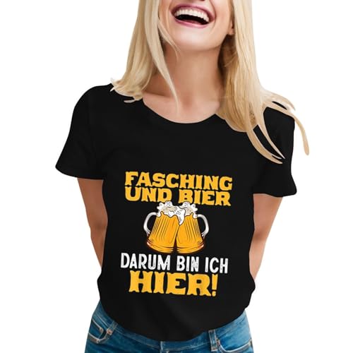 Fasching und Bier - Maglietta da donna per carnevale e feste, girocollo, maniche corte, abbigliamento sportivo per rave, celebrazioni, streetwear, Nero , M