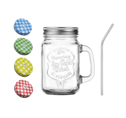 Image of SAVE Mason Jar With Stainless Steel Straw And Handle And 2 Lids | 1 Lid With Hole And 1 Without Hole | Stylish Embossing Design | 450 Ml | Multicolour Lid With Hole (Bent Straw, Clear)