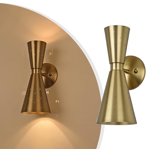 Image of Brass Wall Sconce, Mid Century Modern Sconce Wall Lighting, Up Down Gold Wall Sconces E12 Base, Vintage Farmhouse Wall Lights Hardwired Wall Lamps for Bedroom Bathroom Living Room Staircase