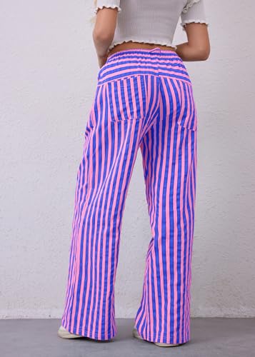 Image of MISSACTIVER Women Drawstring Striped Pants Loose Wide Leg Trousers Comfy Low Waist Pants Casual Lounge Pants with Pockets Pink Blue, Small