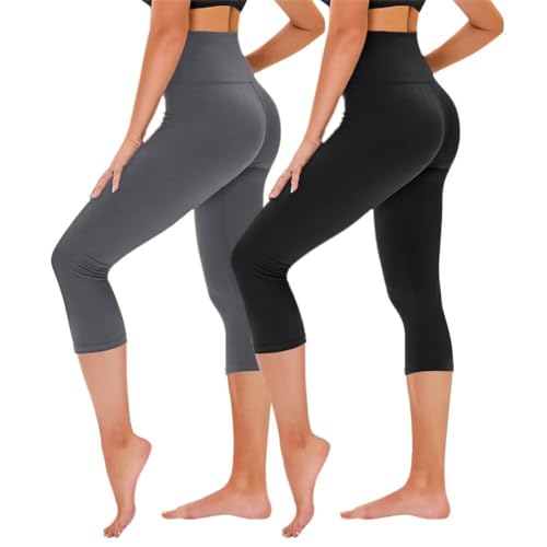 TNNZEET 3/4 Leggins Mallas Mujer,Pantalones Capri a Alta Elásticos Fitness Correr,Yoga(Negro/Gris Oscuro,S-M)