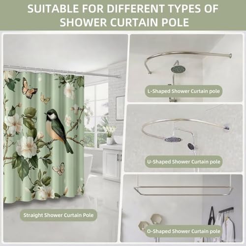 Rideau de douche vert sauge imperméable rideau douche oiseau polyester lesté 180x200 cm - 6