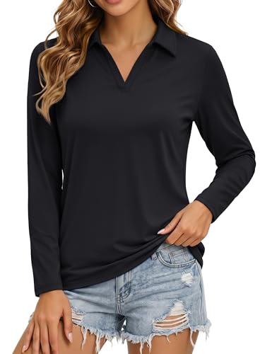 MAGCOMSEN Womens Polo Shirts Lightweight Long Sleeve Tops for Women V Neck Quick Dry Golf Athletic Tops Black M