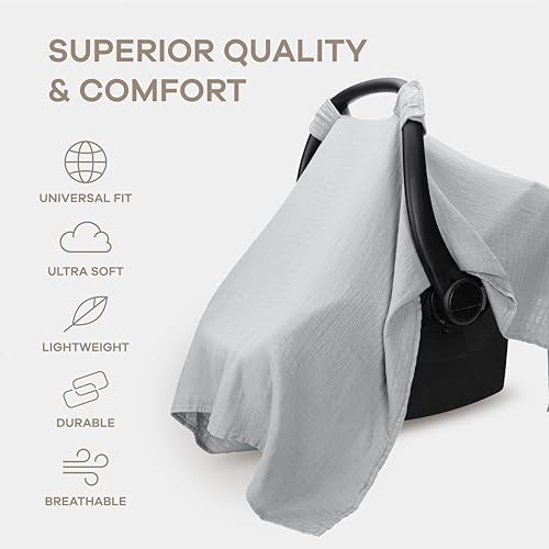 Image of Comfy Cubs Baby Car Seat Cover - Soft, Breathable Bamboo Rayon and Muslin Cotton Blend - Lightweight Canopy for Sun, Bug, and Comfort Protection - Large Size Infant Seat Cover in Heather Blue Design