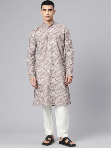 Image of Majestic Man Men's Regular Fit Ethnic Motifs Printed Pure Cotton Long Kurta with Mandarin Collar & Full Sleeves