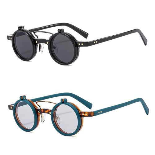 Image of HYLLE Retro Flip-Up Round Goggles Seampunk Sunglasses for Men Women 90s Style