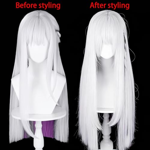 Image of Xuzhao Anime White Mixed Purple Black Long Straight Wigs with Side Braid&Bangs Women Nihi Lux Style Cosplay Costume Halloween,Game Show,Party