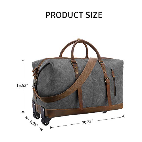 Kattee Rolling Travel Luggage Duffel Bag, 2 Drop Bottom Wheeled, Leather + Canvas, 50L (Dark Gray)