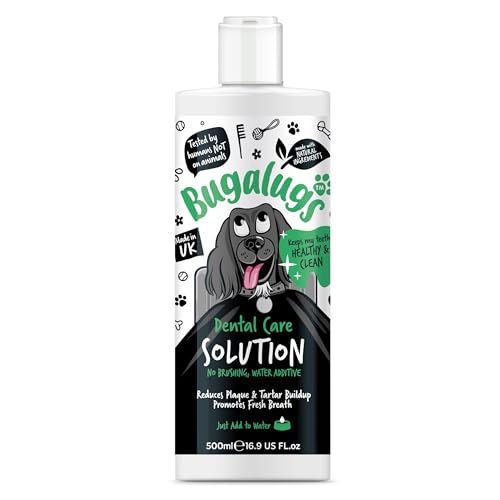 BUGALUGS Dog Breath Freshener Dental Care Water Additive. Clean Teeth Healthy Gums & Fresh Breath - Natural Dog Plaque Remover & Tartar Remover for Teeth. No Brushing Needed (16.9 Oz Water Additive)