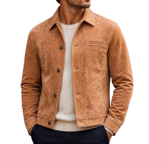Chaqueta de gamuza marrón para hombre, cazadora bomber con acabados artesanales de alta calidad