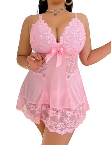 Image of Alrovetoney Women Plus Size Babydoll Lingerie Lace Chemise Mesh Sleepwear Strappy Sexy Nightgown Boudoir Outfit L-4XL