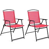 Bylring Patio Folding Sling Dining Chairs Set of 2 Outdoor Indoor Backrest Portable Household Seats for Outside Lawn Garden Patio Pool Yard with Armrest(Red)