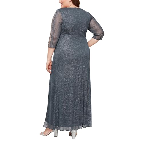 Image of S.L. Fashions Womens Long Length Ruched Waist Formal Mother of The Dress with Beaded Illusion 3 /4 Sleeves (Plus Size)