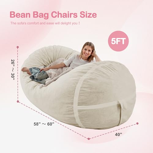 Image of 5FT Bean Bag Chair 5'Giant Bean Bag Chairs with Adults, Large Beanbag Chair | Bean bag Lounger with Machine Washable Cover Dutch Velvet Fabric, Comfy Chairs for Living Room Bedroom Dorm, Beige