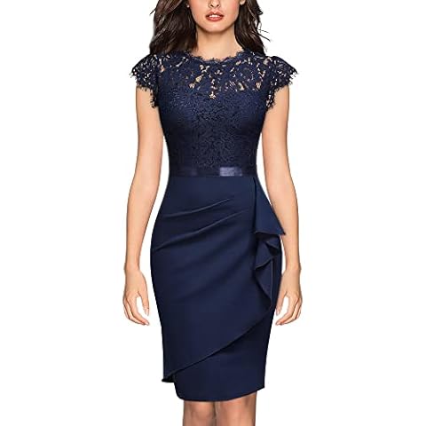 MIUSOL Women's Vintage Lace Cap Sleeve Cocktail Party Formal Wedding Guest Work Bodycon Dress (X-Large, Navy Blue) Cover