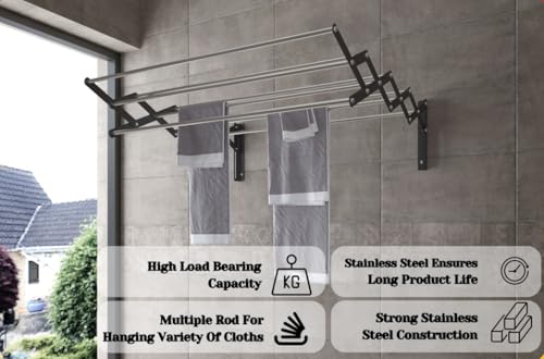 Image of RIOMAX Heavy Duty Rust-Free Stainless Steel Foldable Wall Mounted /Mounting Clothes Drying Stand /Cloth Dryer Racks for Bathroom /Balcony /Indoor /Outdoor (4 Ft - 9 Rod - Black & Silver)