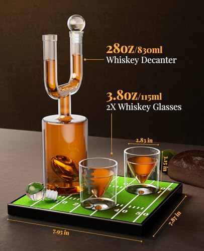 Football Gifts for Men, Kollea Whiskey Decanter Sets for Men, 28Oz Football Decanter Set with 2 Glass, Cool Anniversary Birthday Gift Idea for Dad Coach Brother Him, for Super Bowl Home Bar Party