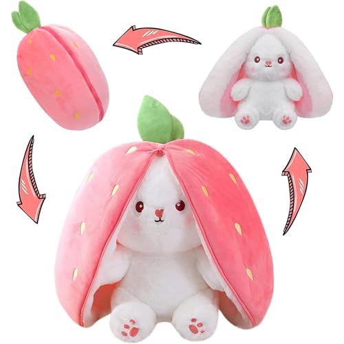 Image of VanityX Reversible Strawberry Bunny Soft Toy, Cute Plush Doll for Kids, 2-in-1 Stuffed Toy Pillow, Soft Toys for Baby Girls, Birthday Gift for Girlfriend, Girls Gift Items (Strawberry, 30cm)