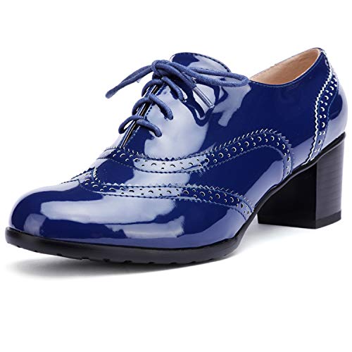 Odema sapato feminino Oxford de couro PU com cadarço e salto médio, 1-blue, 8.5