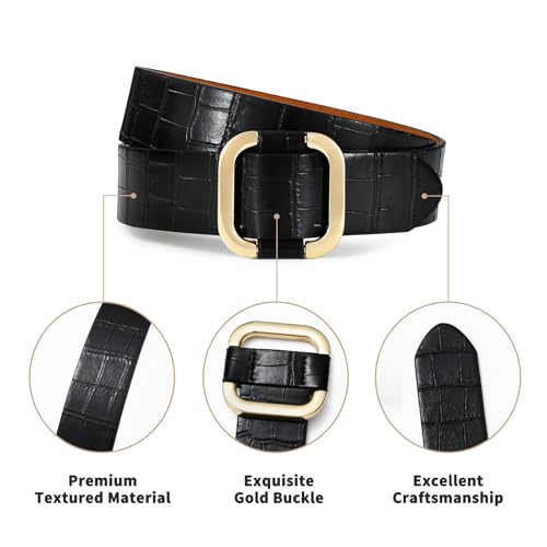 Belts for Women Fashion Black Leather Belt with Square Gold Buckle Stylish Dress Belt4