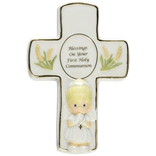 Precious Moments, Communion Gifts, "Blessings On Your First Holy Communion", Bisque Porcelain Box With Rosary, Girl, #123406