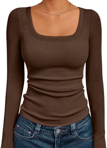AUTOMET Women‘s Ribbed Square Neck Top, Long Sleeve Slim Fit Basi...