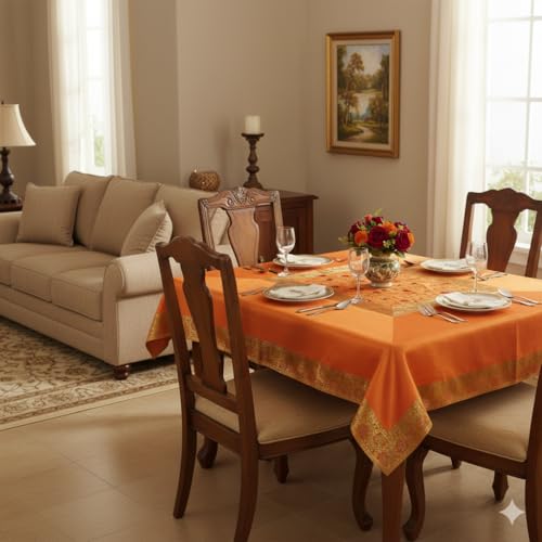 Image of New Year Room Decor Embroidery Brocade Silk Table Cover for Centre & Dinning Table and 4 & 6 Seater Dining Table /Tablecloth, (50 By 50 Inches) (Gold)