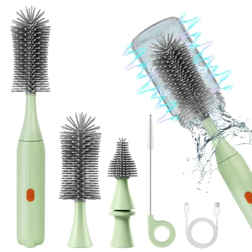 Image of Electric Bottle Brush Cleaner, Rechargeable Electric Baby Bottle Brush Cleaner with 2 Speeds, Silicone Bottle & Straw Brush, Waterproof Portable Baby Bottle Cleaner Kit for Travel & Home, Green