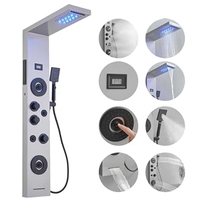 BWE Stainless Steel Shower Panel Tower System,LED Rainfall Waterfall Shower Head,4 Massage Body Jets,3 Functions Handhels Shower and Waterfall Tub Spout,Wall Mounted Shower Panel with Temp Display