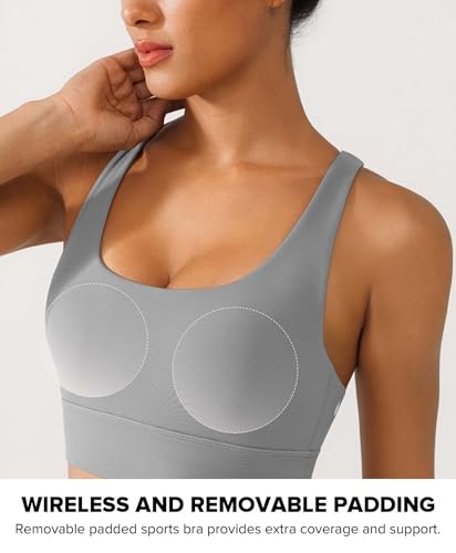 Image of BRXL High Support Padded Sports Bra for Women Buttery Soft Criss Cross Back Strappy Workout Athletic Running Gym Bra Grey