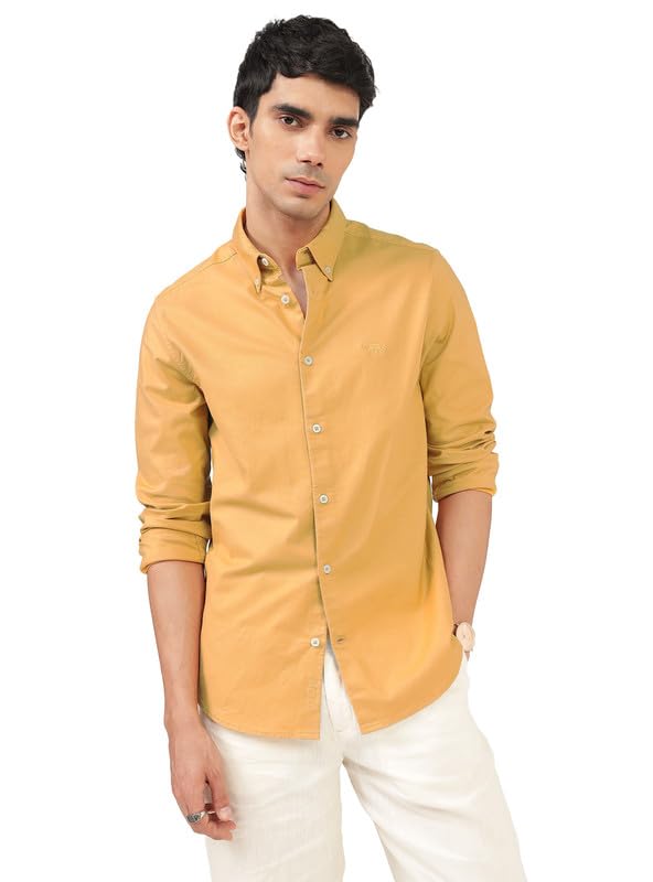 Andamen Men's Gold Cotton Stretch Solid Slim Fit Shirt