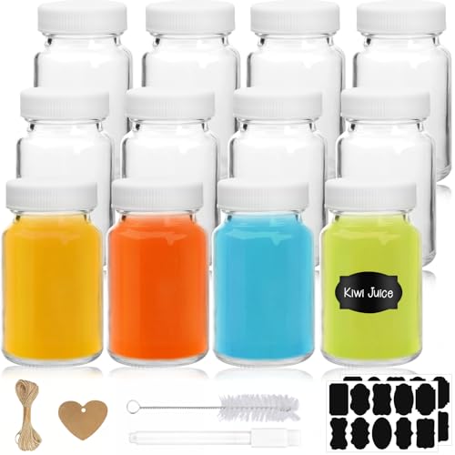 BBWELL Paquete de 12 Mini Botellas de Cristal,Botes Cristal Pequeños con Etiquetas,Bolígrafos,Pinceles,Tarros de Vidrio con Tapas,60 ml,Para Jugo,Jugo de Jengibre,Whiskey y Especias