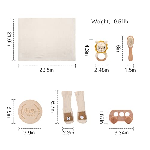 Image of New Born Baby Gift Basket, Baby Boys Girls Shower Gifts with Wooden Lion Rattle, 6PCs New Born Essentials Bath Set with Baby Brush,Blanket,Milestones Cards