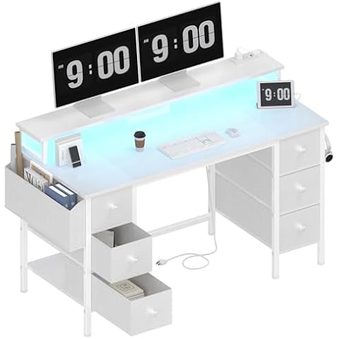 Lufeiya White Computer Desk with Fabric Drawers & Storage Shelves, 47 inch Home Office Desk with Monitor Stand, Gaming Desk with LED Lights and Power Outlets, White Cover