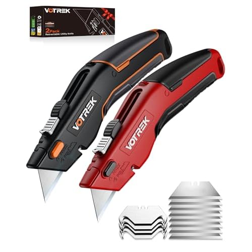 Box Cutter Utility Knife, 2-in-1 Safety Retractable Box Cutter for Women, Quick Change Razor Knife for Home, Office & DIY, Blade Storage Design, with Extra Sharp Razor & Hook Blades (Pink) B