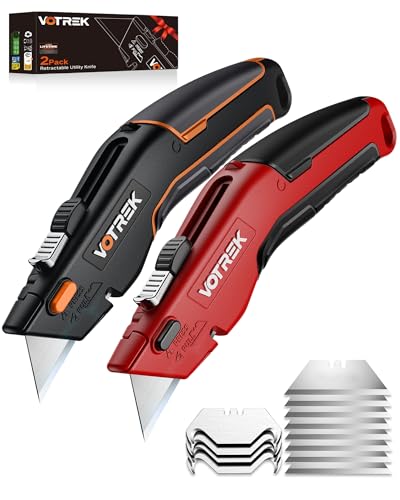 Image of VOTREK 2-Pack Box Cutter Utility Knife, [2-in-1] Retractable Box Cutter, Heavy Duty Safety Sharp Razor Knife for Home & Warehouse Cardboard, Carpet, [Blade Storage], with Extra Razor & Hook Blades