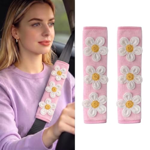 Image of Cute Pink Flower Seat Belt Cover Pads for Women Girls - Soft Plush Seatbelt Cushion, Fun Car Accessories (2, White Flower Pink Plush Velvet Pad)