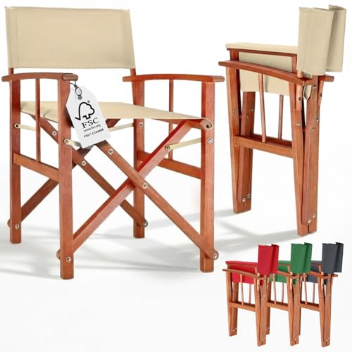 Wooden Folding Directors Chairs x2 CREAM | Set of 2 Folding Garden Chairs with Arms | Eucalyptus Wood Frame Fabric Seat Foldable Outdoor Chairs | Patio Balcony Camping Decking Garden Furniture