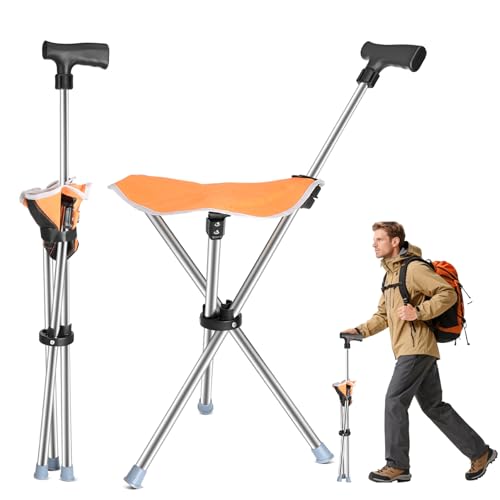 Dreieckiger Gehstock mit Sitz 2-in-1 Sitzstock Faltbar Leicht mit 150 kg für ältere Menschen und Erwachsene ideal für Reisen im Freien Camping und Bergsteigen