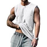 Tiwate Herren Henley Tank Gym Muskel Workout Männliche Ärmellose Rundhalsausschnitt Knopf Sportliche Fitness Henley Tanks (Weiß,M)