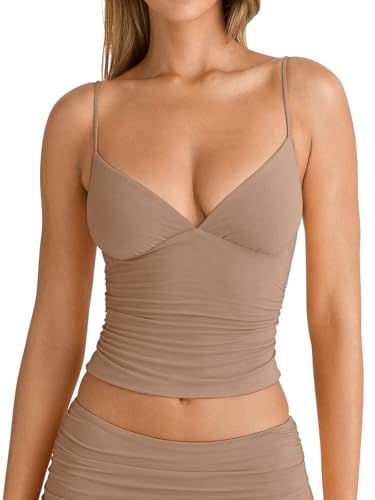 Image of PINKMSTYLE Women's Sexy V Neck Ruched Cami Top Sleeveless Spaghetti Double Layer Fitted Crop Tank Tops
