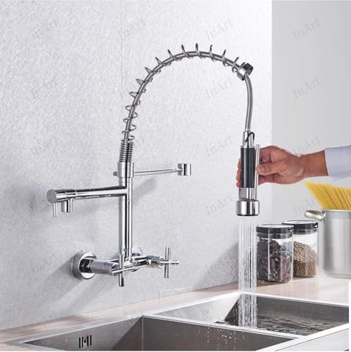 Image of InArt Elite Luxury with Wall-Mounted Kitchen Sink Tap - 360 Pull-Down Sprayer, Multi-Function Spray Head, Single Lever, Chrome Finish, and Hot & Cold Functionality Kitchen Sink Faucet
