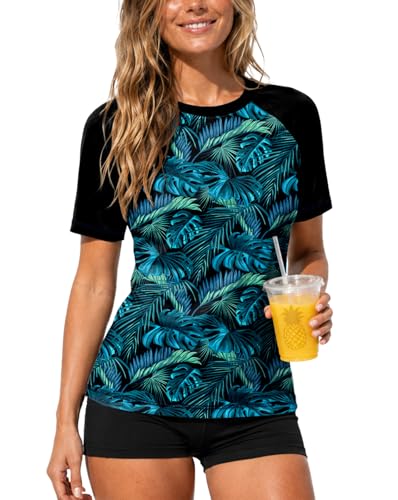 Image of AOBUTE Women Short Sleeve Rash Guard UPF 50+ Tropical Sun Protection Floral Swim Shirts