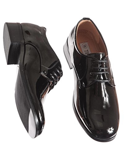 Boys Shiny Black Tuxedo Shoes, Round Toe Style in Infant to Boys Sizes2