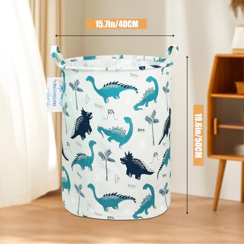 Image of Round Laundry Basket Collapsible Storage Hamper Organizer Full Dinosaur | Waterproof Canvas Foldable Baskets with sturdy Handles Multi-scene Organizer for Home Play Bedroom Gift Bin