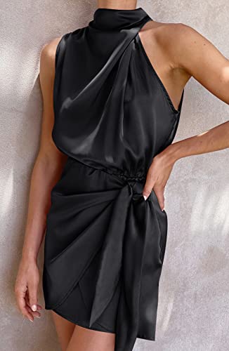 ZESICA Women's 2023 Fashion Satin Sleeveless Halter Neck Tie Waist Wrap Bodycon Cocktail Party Mini Dress,Black,Small