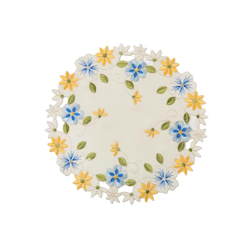Lot de 2 napperons ronds en dentelle - Motif floral jaune et bleu - Pour décoration de mariage, anniversaire, dîner, fête