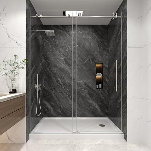 KPUY Frameless Shower Door, 55-60' W x 76' H Sliding Glass Shower Door, 1/4' (6mm) Thick Tempered Clear Glass with Explosion-Proof Film Nano Coating, Stainless Steel Hardware, Brushed Nickel