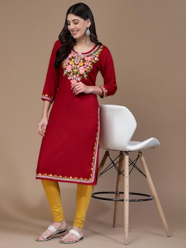 Image of QAZMI Women's Floral Aari Embroidered Viscose Rayon 3 /4 Sleeves Straight Kurta