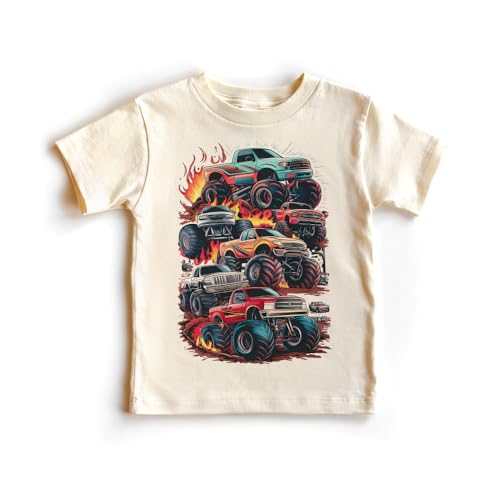 Kids Retro Cool Trendy Monster Truck Rally Toddler & Youth Shirt - Natural Boys & Girls Giant Trucks Graphic Tee